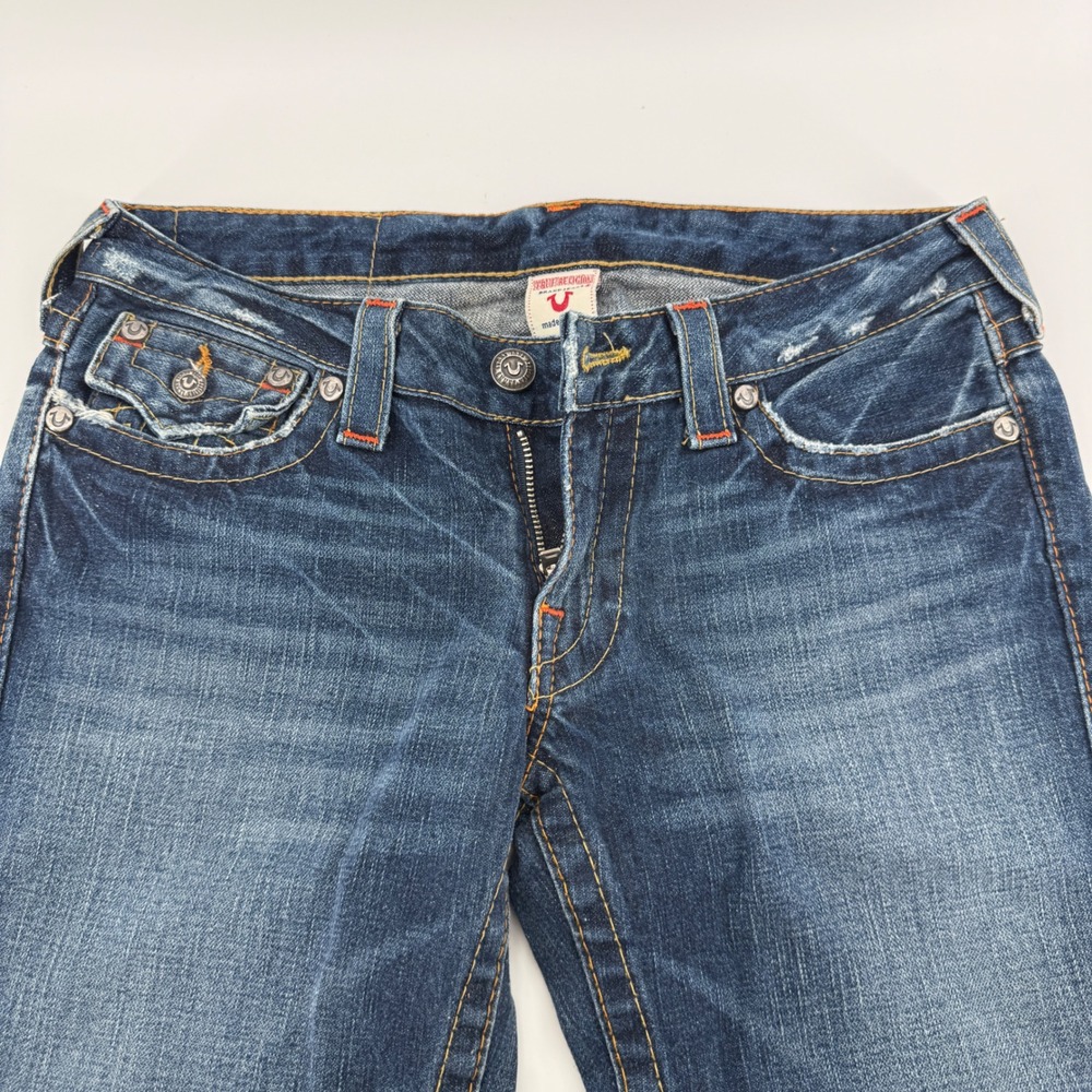True Religion Jeans Women 28 Blue Solid Cotton Horseshoe Flap Pocket USA Made